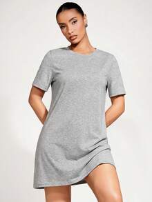 SHEIN BASICS 纯色圆领短袖简约设计休闲百搭夏季T恤连衣裙 - 淺灰色 - 查看 5