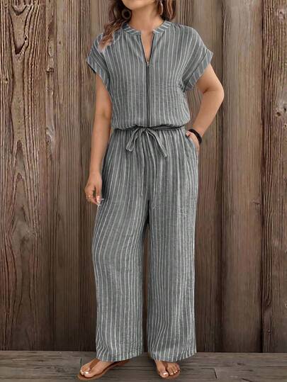 EMERY ROSE Women's Striped Jumpsuit. Crafted From Lightweight And Breathable Summer Fabric With A Loose And Draping Silhouette. The Slimming Vertical Stripe Design Elongates The Body Proportion. It Features An Elasticated Waist With A Tie Detail, Effortlessly Creating A High-Waisted And Long-Leg Visual Effect. Minimalist, Sophisticated, Comfortable And Versatile. It Can Be Paired With Sandals, Straw Bags Or Straw Hats. Perfect For Seaside Vacations, Camping Trips, Holiday Outings, Café Visits, Party Gather