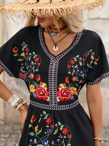 Brillora Đầm nữ mùa hè cổ chữ V in họa tiết retro Mexico. - màu đen - Xem 3