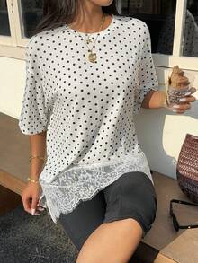 SHEIN EZwear Áo thun dệt kim màu trắng chấm bi viền ren - trắng - Xem 3
