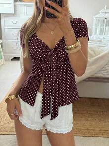CovetEZ Áo dệt kim chấm bi màu cà phê đậm dáng casual mùa hè cho nữ, xẻ tà trước - Áo tay ngắn ngọt ngào, phong cách Y2K, áo kiểu mùa hè. - Nhiều màu - Xem 3