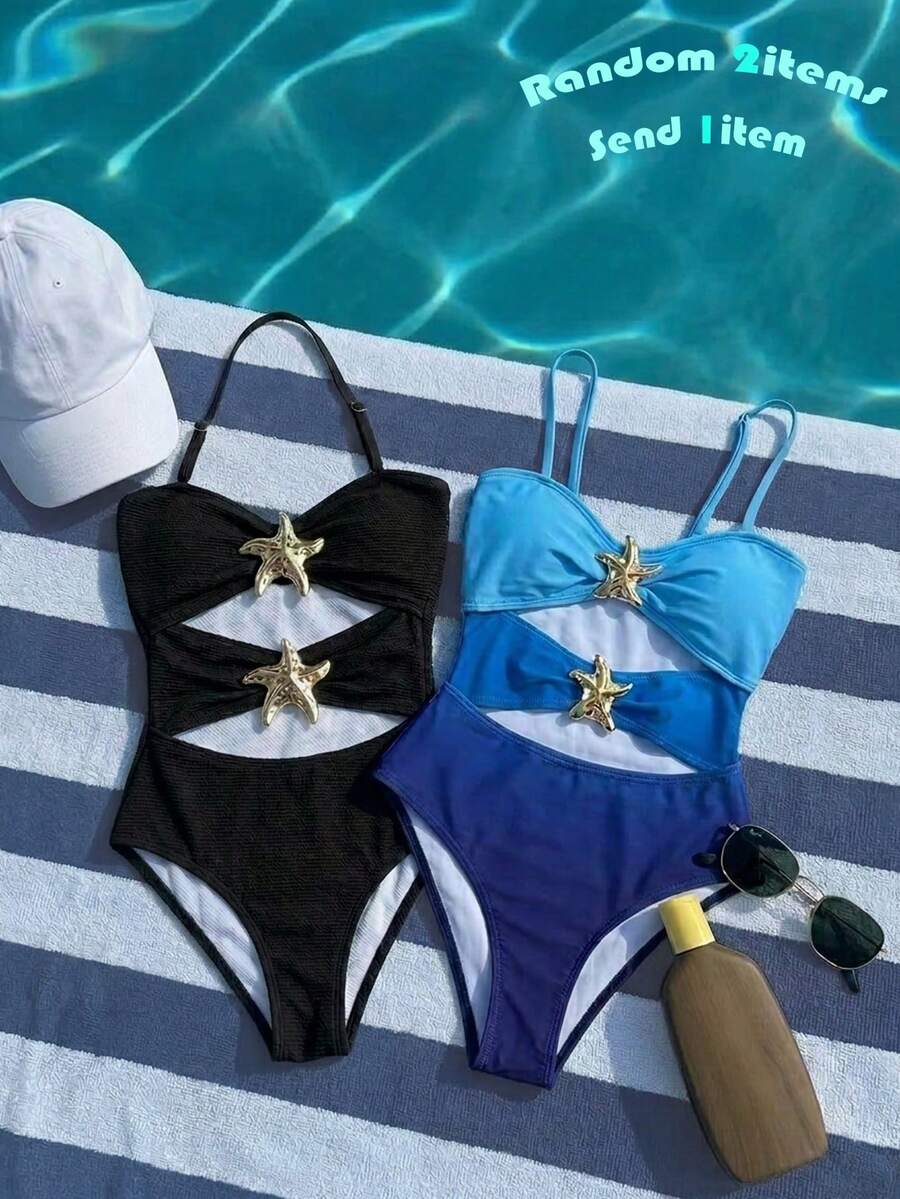 SHEIN 少女连体泳衣,带金属海星装饰挂脖 - 咖啡棕 - 查看 1