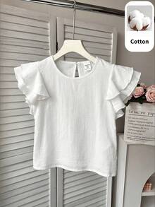 SHEIN Young Girl Woven Solid Color Round Neck Ruffle Casual Blouse - White - View 5