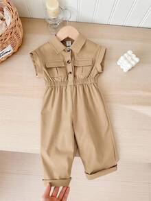 SHEIN LMoss Kids Bộ áo liền quần mùa hè dễ thương tay ngắn cổ bẻ cho bé gái - Màu be - Xem 1