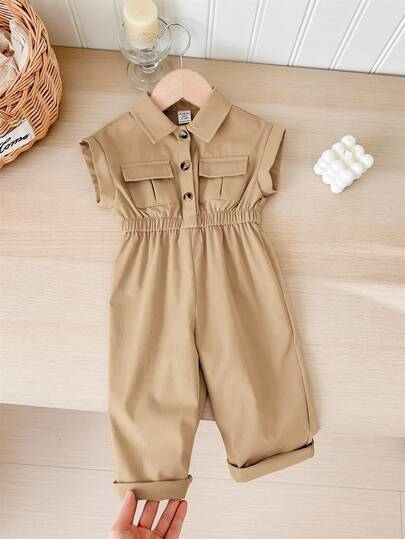 SHEIN LMoss Kids Babygirl Summer Cute Short Sleeve Waist Cinched Collar Jumpsuit
