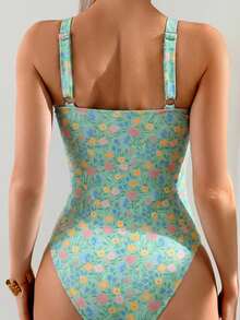 Swim Mod 女士印花褶皱连体泳衣，适合度假 - 薄荷綠 - 查看 2