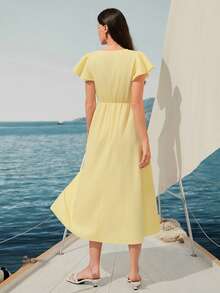 Rafferiza Women's V-Neck Ruffle Sleeve Cinched Waist Pleated Flare Dress, Casual Vacation Style, Light Yellow, Spring/Summer - Light Yellow - View 2