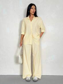 PETITE Conjunto casual de camisa y pantalones a rayas de mujer de color amarillo claro tejido, conjunto de verano a rayas amarillo, conjunto de dos piezas amarillo, conjunto cómodo de mujer amarillo, conjunto de dos piezas a rayas de mujer, conjuntos de salón para mujer, conjunto de dos piezas amarillo mantequilla, conjunto de salón de verano, ropa de salón, conjuntos amarillos para mujer, conjunto de pantalón amarillo de mujer - Amarillo - Ver 7