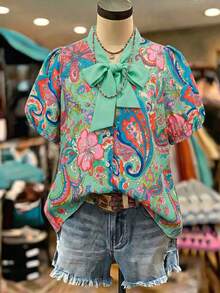 Linhara Paisley-Muster Fliege Puffärmel Hemd, Vintage-Stil Kurzarm Top, geeignet für Südostasien Urlaubsmarkt / Boho-Musikfestival / Freundin Picknick Treffen / Retro Café Check-in, atmosphärische und elegante Bluse - Verschiedenfarbig - Übersicht 4