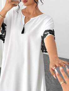 Elenzga Plus Size Colorblock Minimalist Short Sleeve Dress - White - View 3