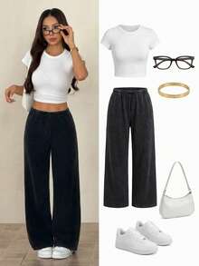 SHEIN PETITE Solid Color Elastic Waist Slim Fit Washed Black Wide Leg Pants - Black - View 6