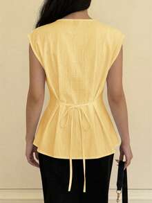 Siren Gaze Áo nữ mùa hè thanh lịch, cổ chữ V, tay ngắn, xếp ly, dáng ôm, kiểu peplum, thích hợp cho công sở, đi nghỉ mát, dự tiệc, trang phục mùa xuân cho nữ, áo kiểu nữ thanh lịch, trang phục thường ngày, áo công sở cho nữ, trang phục kinh doanh cho nữ. - Vàng nhạt - Xem 6