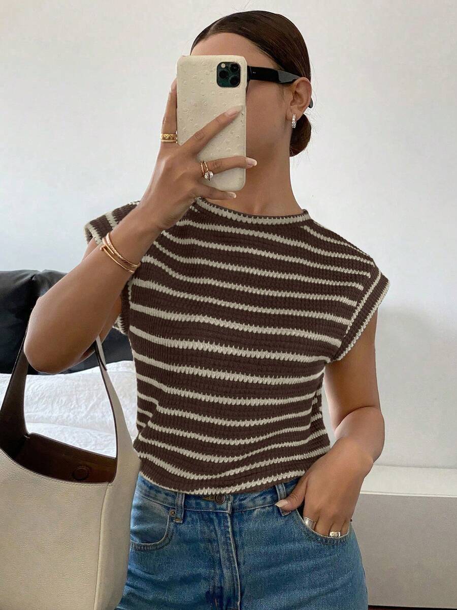 Siren Gaze Women's Brown Striped Stripe Stripe Stripe Stripe Print Round Neck Short Sleeve T-Shirt,Summer Topworld Cup Brunch Casual French Brunch Brunch Brunch - Brown - View 1