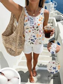 SHEIN Holidaya Women's Summer Casual Boho Vacation Floral Print Patchwork Lace Sleeveless Top Beach White Floral - Apricot - View 1
