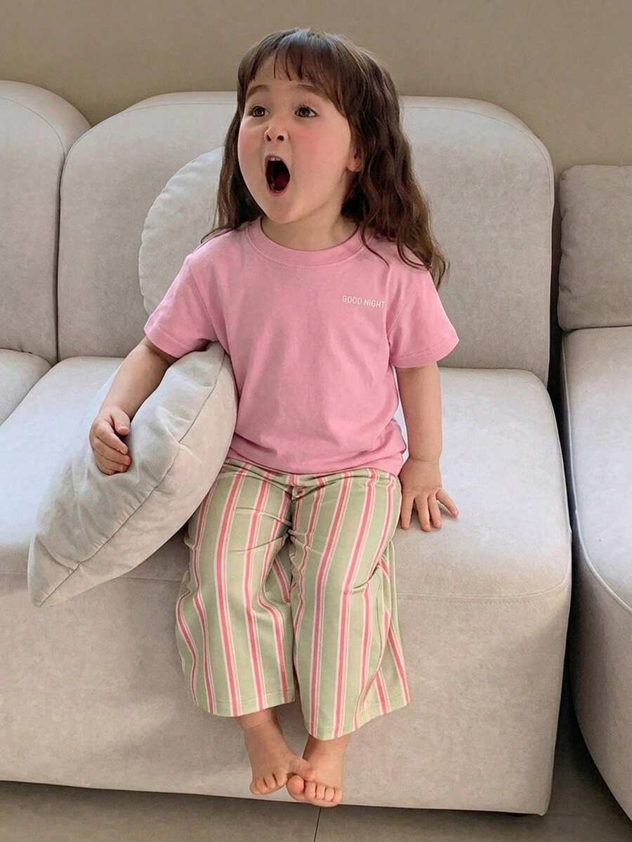 DAZY 女嬰圓領純色短袖上衣與條紋寬鬆長褲 2 件套睡衣套裝 夏季幼兒 - 粉色 - 查看 1