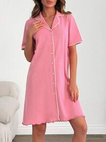 SHEIN Cottnline رداء نسائي من القطن الخالص بأزرار أمامية وحواف متباينة وأكمام قصيرة مريح للاستخدام المنزلي - وردي - مشاهدة 4