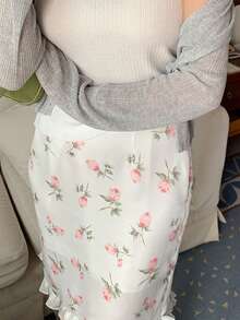 DAZY Women's Elegant Floral Print Ruffle Hem Skirt, Vacation Style - Apricot - View 5
