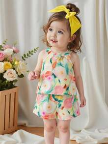 SHEIN Baby Girl Outfits 6Months-3year 2pcs/Set Pastel Yellow Summmer Tropical 2nd Birthday Elegant Sleeveless Ruffled Flower Printing Top And Shorts Suit - Multicolor - View 6