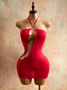 Mistrie Vestido mini ajustado sexy con cuello halter, Body calado, unicolor y decoración de anillo de metal - Rojo - Ver 4