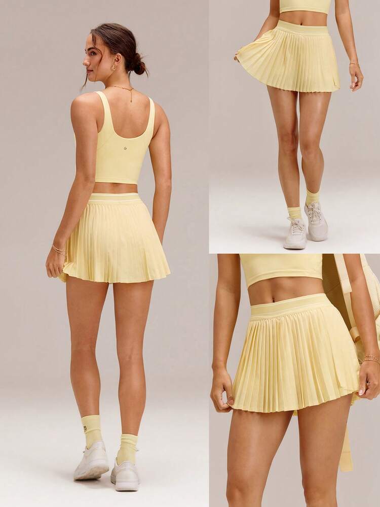 VitalSwift Sweat-Wicking Quick-Dry UPF50+ Lightweight W-Shape Contrast Mesh Waistband Pleated Mini Tennis Skirt With Built-In Shorts Dual Phone Pockets Mesh Tennis Ball Pocket Golf Tennis Pickleball Active Wear