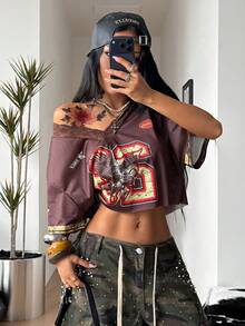 Coolane 女款夏季棕色系網紗圖案T恤，街頭風音樂節Y2K V領對比蕾絲數字圖案短袖短版上衣 - 摩卡棕 - 查看 6