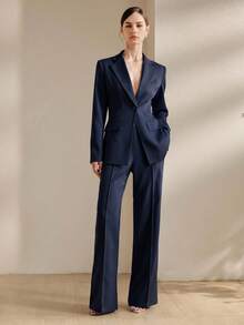 Anewsta Navy Blue Autumn Business Corporate Suit Set,Elegant Office Women's Solid Color Single-Breasted Long Sleeve Vintage Suit For Wedding Guests - Navy Blue - View 1