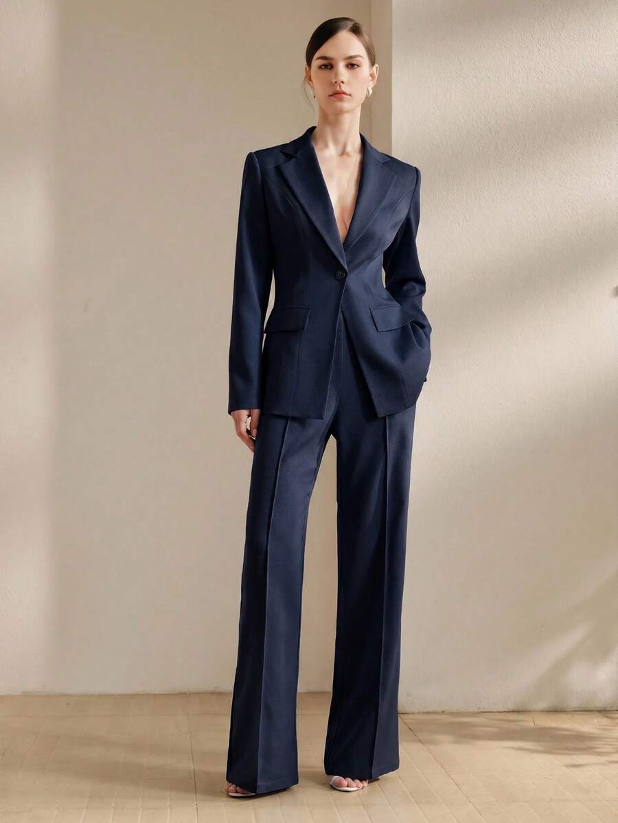 Anewsta Navy Blue Autumn Business Corporate Suit Set,Elegant Office Women's Solid Color Single-Breasted Long Sleeve Vintage Suit For Wedding Guests - Navy Blue - View 1