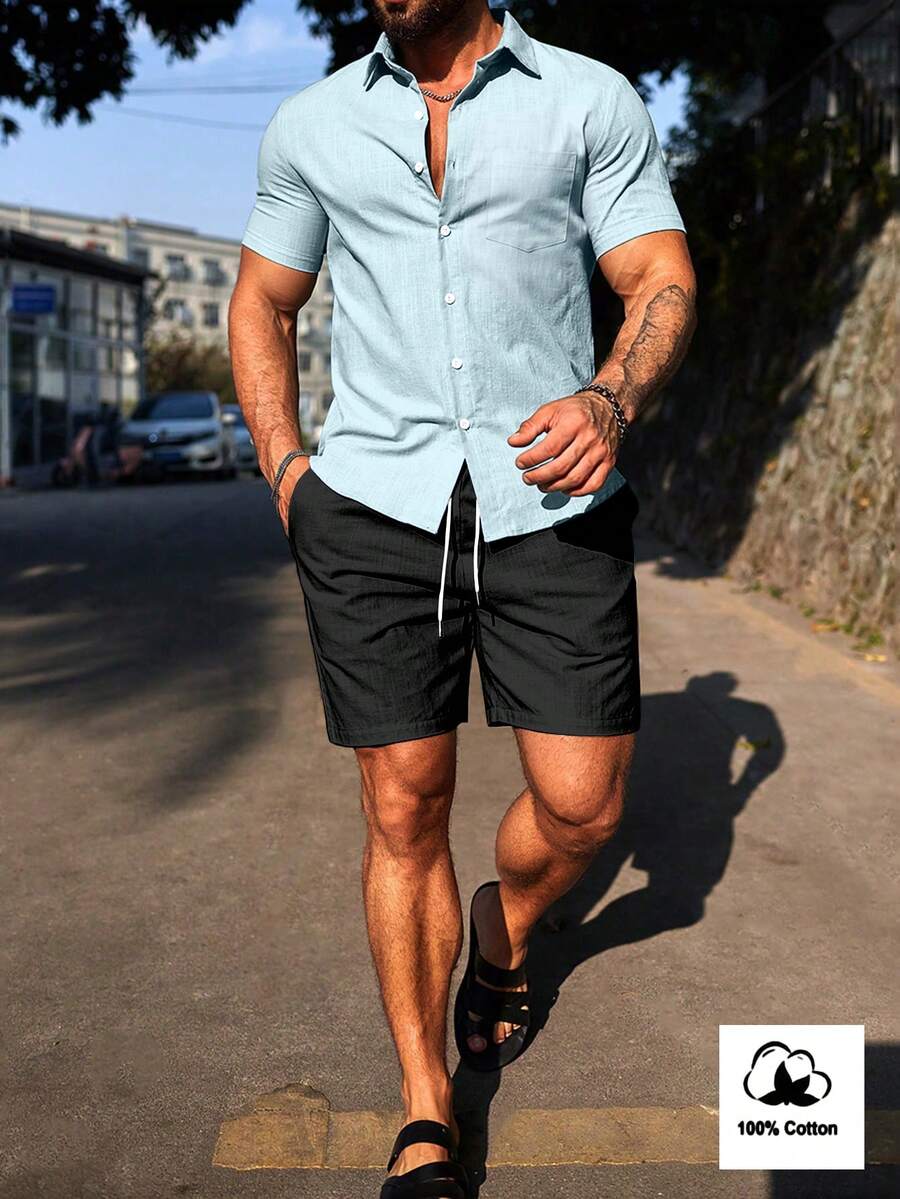 Manfinity Homme 男士蓝色前开襟短袖衬衫和黑色侧袋短裤套装 - 彩色 - 查看 1