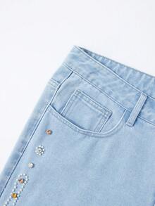 ROMWE MEN Men's Summer Casual Fashion Street Daily Commute Rhinestone Distressed Loose Denim Shorts - Blue - View 3