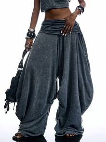 LYSMO Quần culottes dài dáng rộng, xếp ly, buộc dây, thời trang nữ phong cách hiphop - Màu xanh bụi bặm - Xem 3