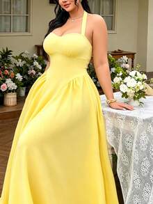 FleurLily Vestido camisola de tela texturizada de color amarillo claro elegante para mujer de talla grande con cuello cuadrado, lazo en la espalda, cintura ajustada, falda acampanada, sin mangas, con adorno de encaje, adecuado para oficina, viajes, graduación, vacaciones, San Valentín, festivales de música, Día de la Madre, Halloween, Acción de Gracias, Pascua, Día Nacional, baile de graduación, citas, bodas, actividades al aire libre - Amarillo claro - Ver 6