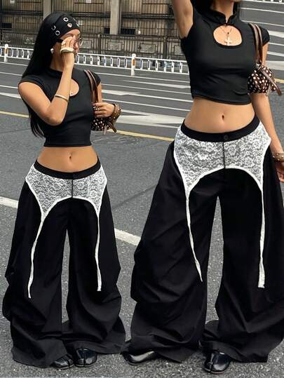 Coolane Pantalones casuales anchos y asimétricos de estilo Y2K de primavera para mujer, con apariencia de dos piezas y efecto paracaídas, en color negro