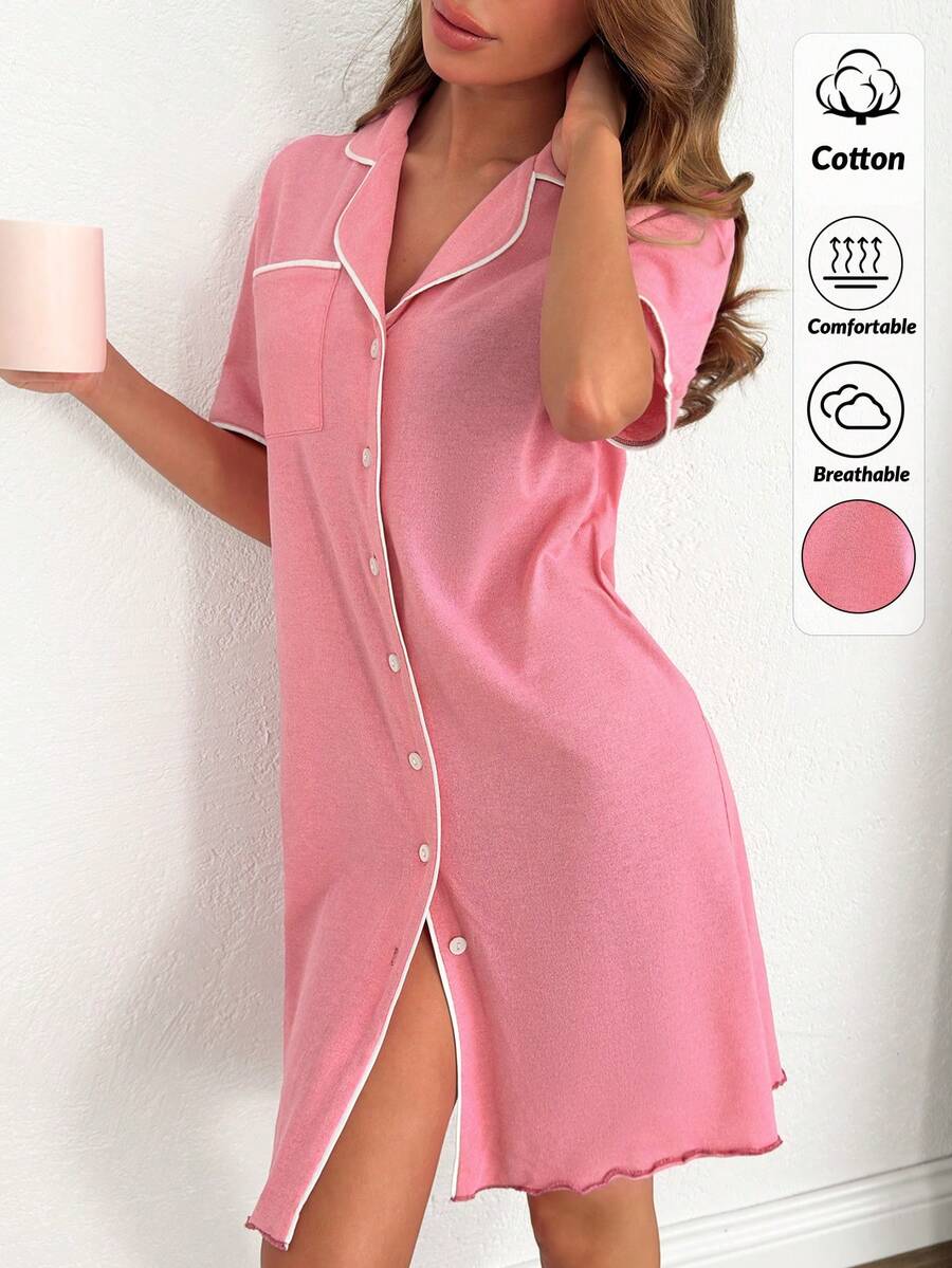 SHEIN Cottnline رداء نسائي من القطن الخالص بأزرار أمامية وحواف متباينة وأكمام قصيرة مريح للاستخدام المنزلي - وردي - مشاهدة 1
