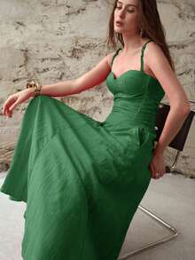 MOTF PREMIUM WOMEN'S LINEN CUP DETAIL TIE SHOULDER FITTED DRESS - Green - View 8