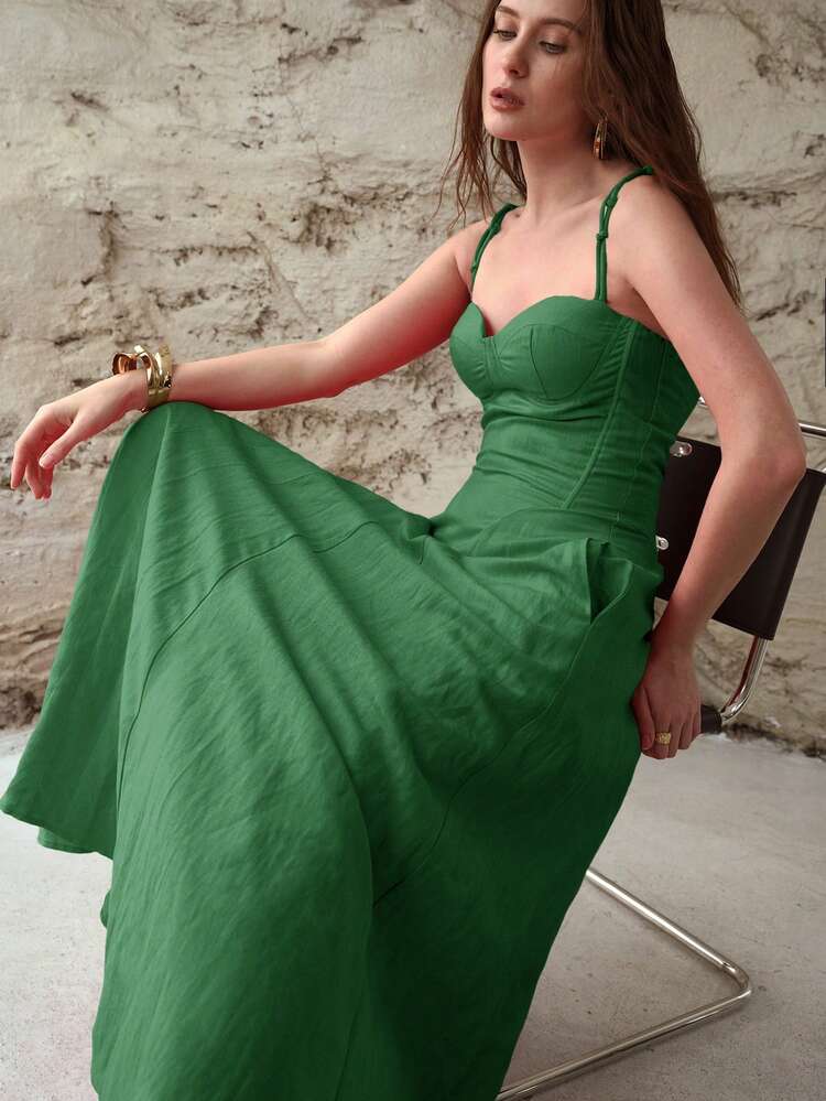 WOMEN'S LINEN CUP DETAIL TIE SHOULDER FITTED DRESS