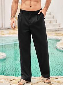 Mercer Haus Men's Solid Color Casual Loose Fit Pants, Versatile For Autumn, Business Formal Style, Fall - Black - View 4
