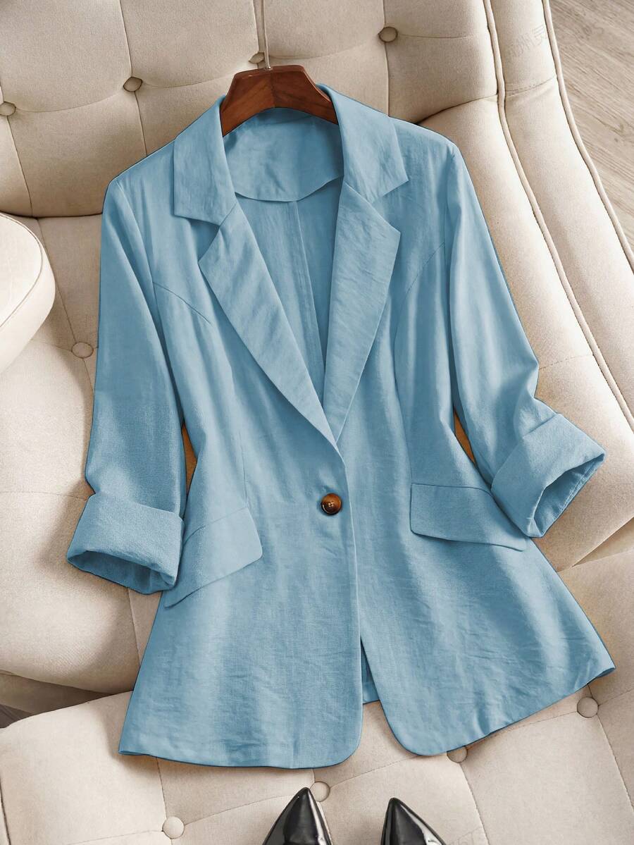 Franclia Plus Size Women's Fashionable Minimalist 3/4 Sleeve Fitted Blazer For Work, Spring/Summer - Blue - View 1