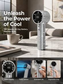 JMMO 1Pc Bling Rhinestone Portable Handheld Fan With 1800mAh Battery, USB Rechargeable High-Speed Turbo Fan With LED Digital Display & 199 Adjustable Speed Levels - Multicolor - View 3