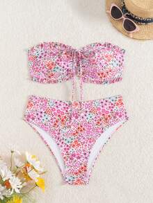 SHEIN Swim Bộ bikini dây rút mùa hè dễ thương dành cho nữ, không dây vai, họa tiết hoa xếp nếp, phối hợp với mặt dây chuyền ngọc trai tinh tế, có dây rút. - Nhiều màu - Xem 5