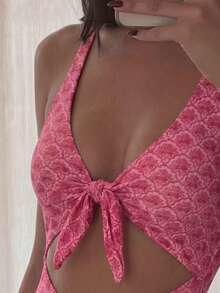 Swim Vcay New Leopard Print Halter Neck One-Piece Sexy Fitted Bikini Swimsuit - Hot Pink - View 5