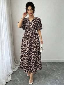 SHEIN LUNE Women's Fashion Leopard Print V-Neck Dress - Multicolor - View 5
