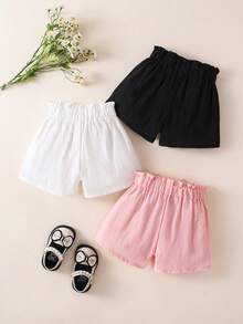 SHEIN Vintaside Kids 3件組女嬰幼兒可愛夏季短褲 波西米亞風蝴蝶結前打結 寬腿鬆身燈籠褲 嬰兒女童 桃紅、白色與黑色 生日派對穿搭 - 彩色 - 查看 2