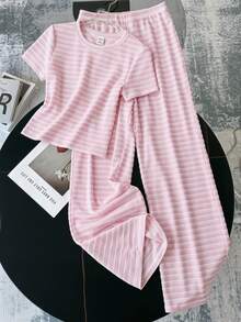 SHEIN 儿童/少女粉色条纹圆领短袖修身T恤及配套休闲裤套装，春夏百搭 - 粉色 - 查看 3