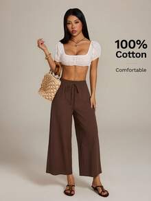 SHEIN PETITE 女士休闲棉麻混纺九分裤，卡其色，适合返校、教师制服、秋季穿着，松紧腰设计，棕色阔腿裤，女士亚麻裤，宽松裤 - 棕色 - 查看 6