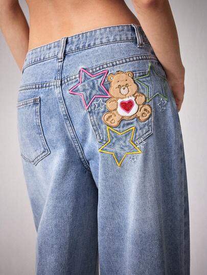 SHEIN X Care Bears 女士卡通熊刺绣口袋阔腿休闲牛仔裤