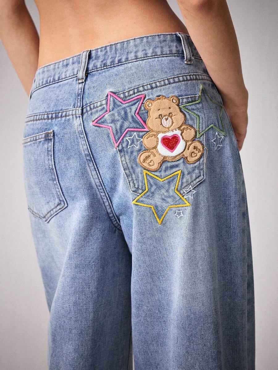 SHEIN X Care Bears 女士卡通熊刺绣口袋阔腿休闲牛仔裤 - 藍色 - 查看 1