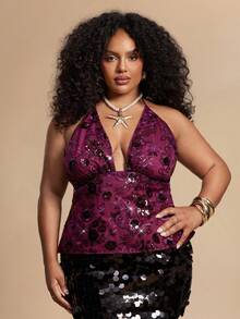 SHEIN BAE Plus Size Sleeveless Elegant Sequin Decorated Camisole - Purple - View 6
