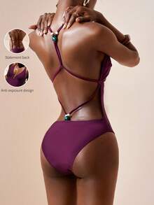 Zivah Elegant One-Piece Swimsuit With Beaded Backless Design,Purple Summer Boho Beach Holiday,Holiday Pool Party,Dark Purple Anti-Exposure Design Swimwear - Purple - View 2