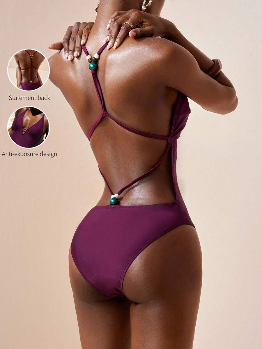 Zivah Elegant One-Piece Swimsuit With Beaded Backless Design,Purple Summer Boho Beach Holiday,Holiday Pool Party,Dark Purple Anti-Exposure Design Swimwear