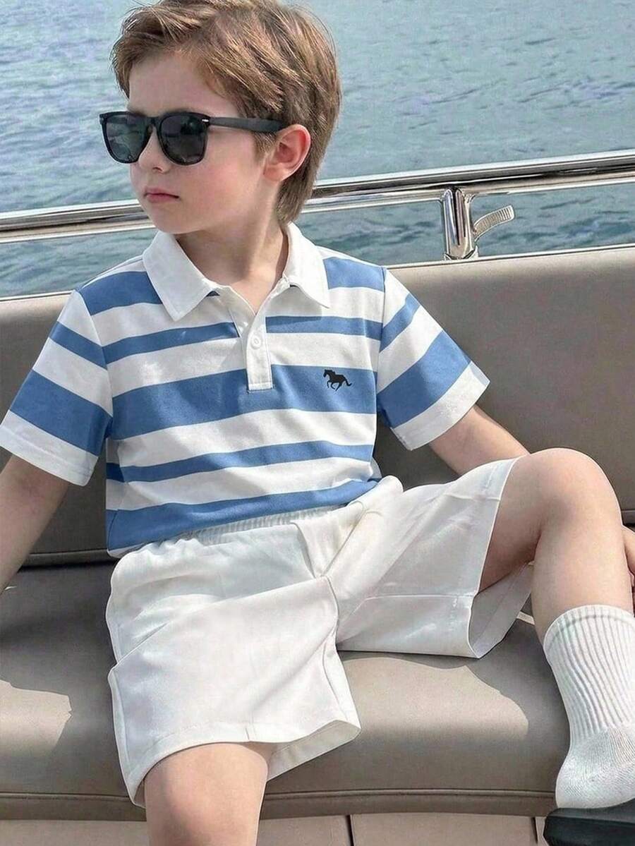 2pcs/Set Young Boy Casual Korean Style Striped Knit Polo Shirt And Shorts,Soft Loose Comfortable Fashion Minimalist Outfit For Summer,Beach,Holiday - Multicolor - View 1